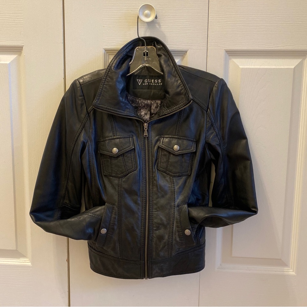 GUESS Women’s Black Leather Jacket, XS